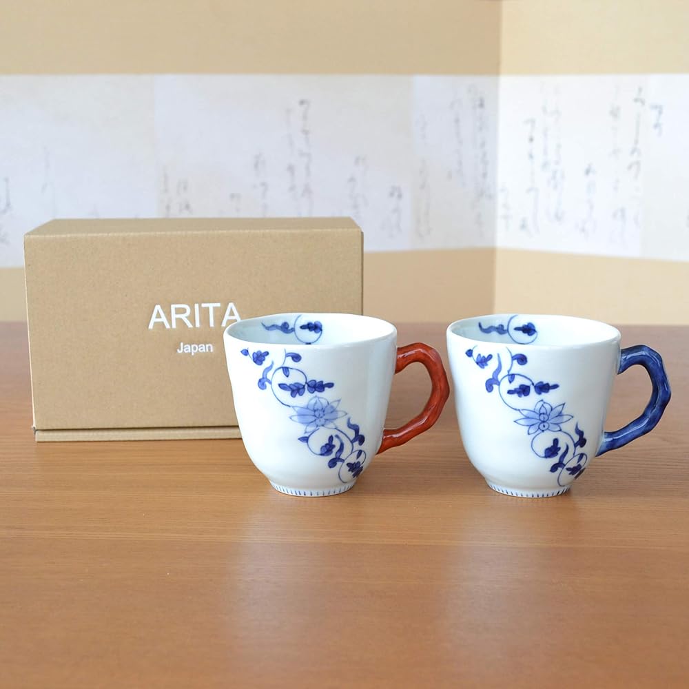 Pair of mugs, gift boxed, Arita ware, microwave safe, coffee cup, flower obi arabesque, made in Japan