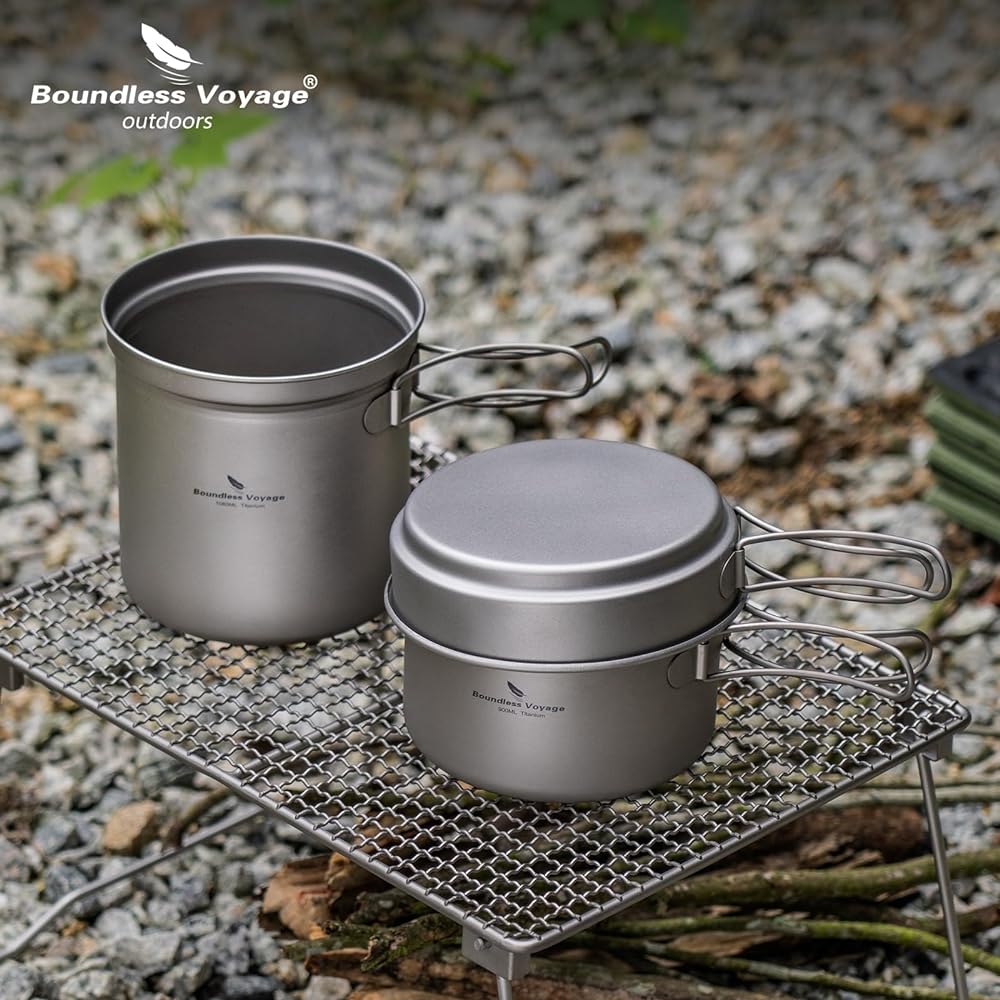 Boundless Voyage Titanium Cooker Set Camping Frying Pan Pot Climbing Pot Kocher Cooker Solo Set Ultra Lightweight Sturdy Open Fire OK Cookware Tableware Outdoor Equipment Camping Gear (L (500ml 900ml 1080ml))Ti2036C