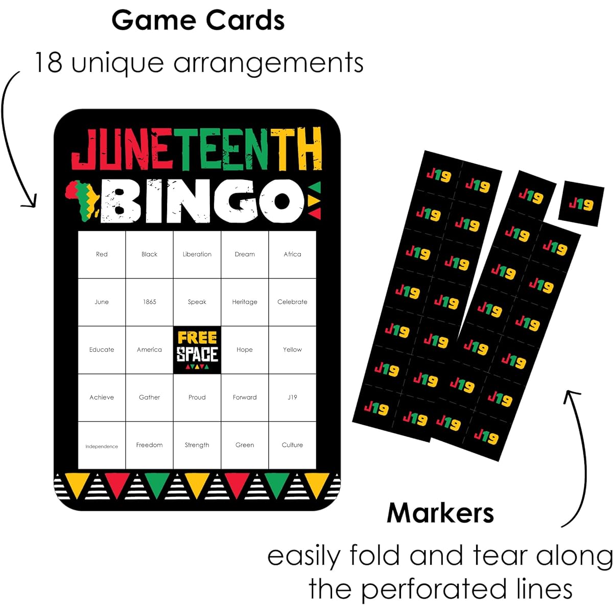 Big Dot of Happiness Happy Juneteenth - Bingo Cards and Markers - Freedom Day Party Bingo Game - Set of 18