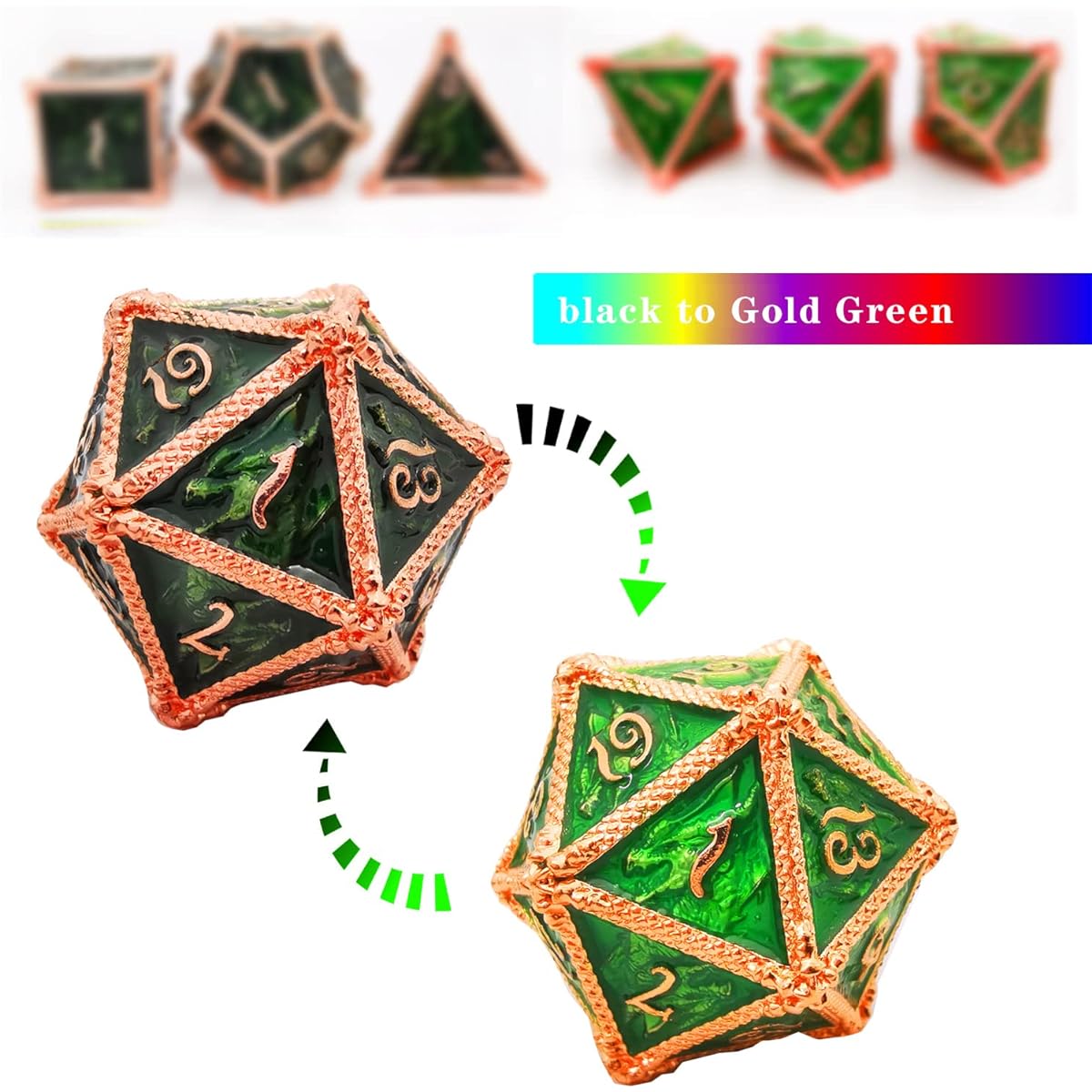 HAOMEJA Color Changing Dice Metal Dragon Dice DND Dice Set D&D Dice Set Role Playing Dice for Dungeons and Dragons (Black to Green)