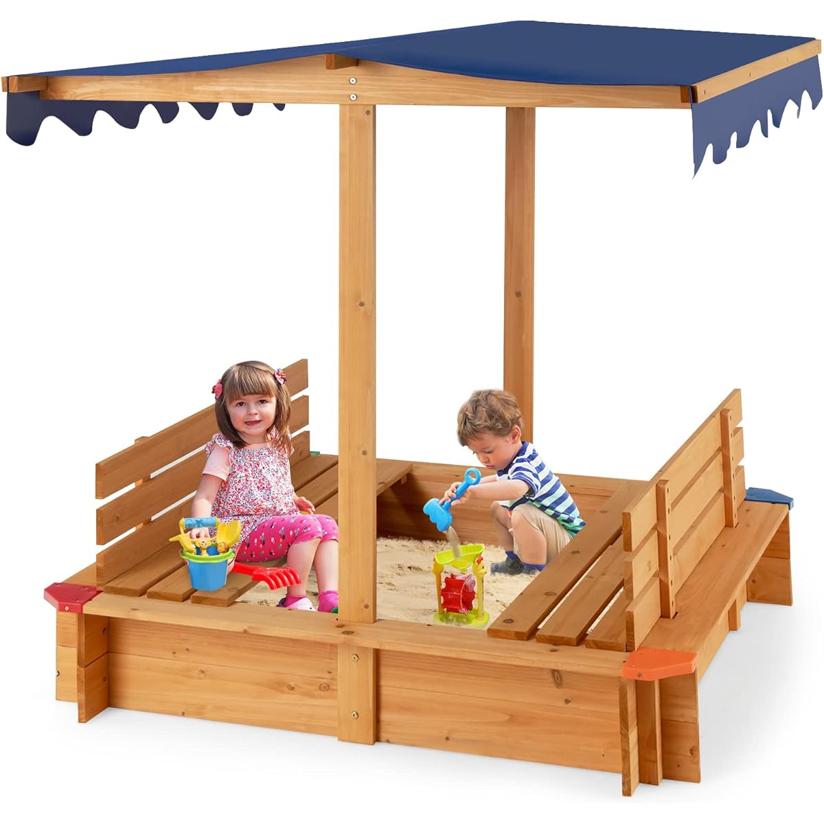 HONEY JOY Kids Sandbox with Canopy, 47x47" Cedar Wood Sand Pit with Liner, Flexible Bench Seat and Backrest, Outdoor Square Sandbox for Backyard, Boys and Girls, Ages 3+