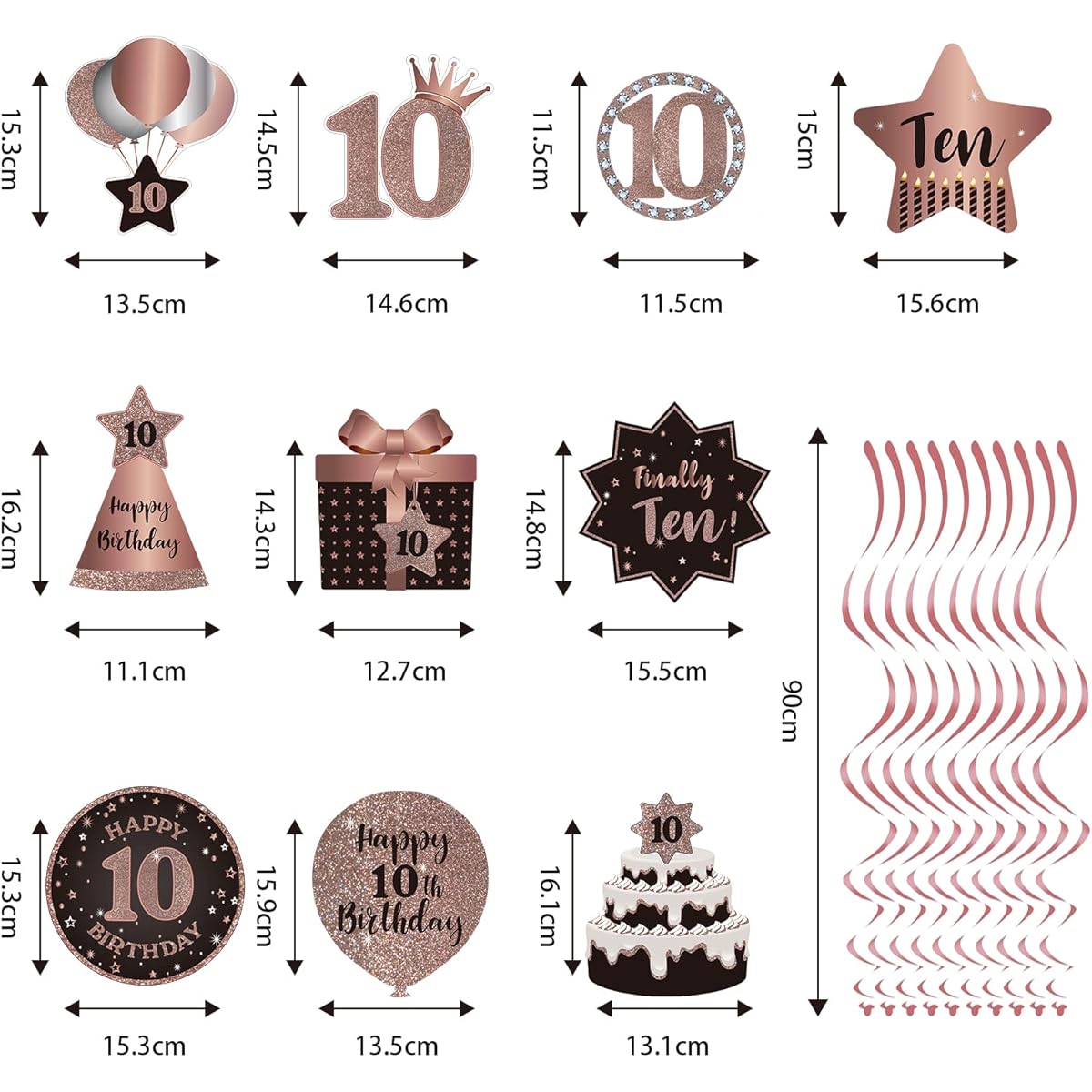 Happy 10th Birthday Hanging Swirls Stream Ceiling Decor Festive 10 Foil Hanging Swirls with Cutouts for 10 Years Old Rose Gold Birthday Party Decor Supplies