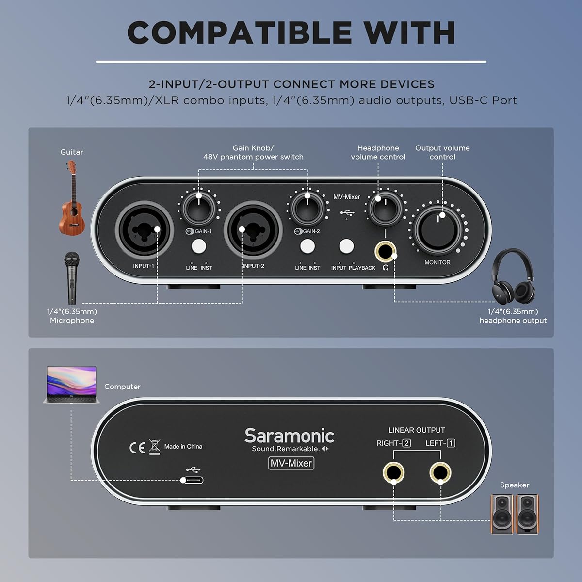 Saramonic MV-Mixer Dual Channel XLR Audio Interface Mixer Mac PC Recording Studio Singer Musician Podcaster Guitar Sound Equipment Real-time Playback Monitoring Music Production Software