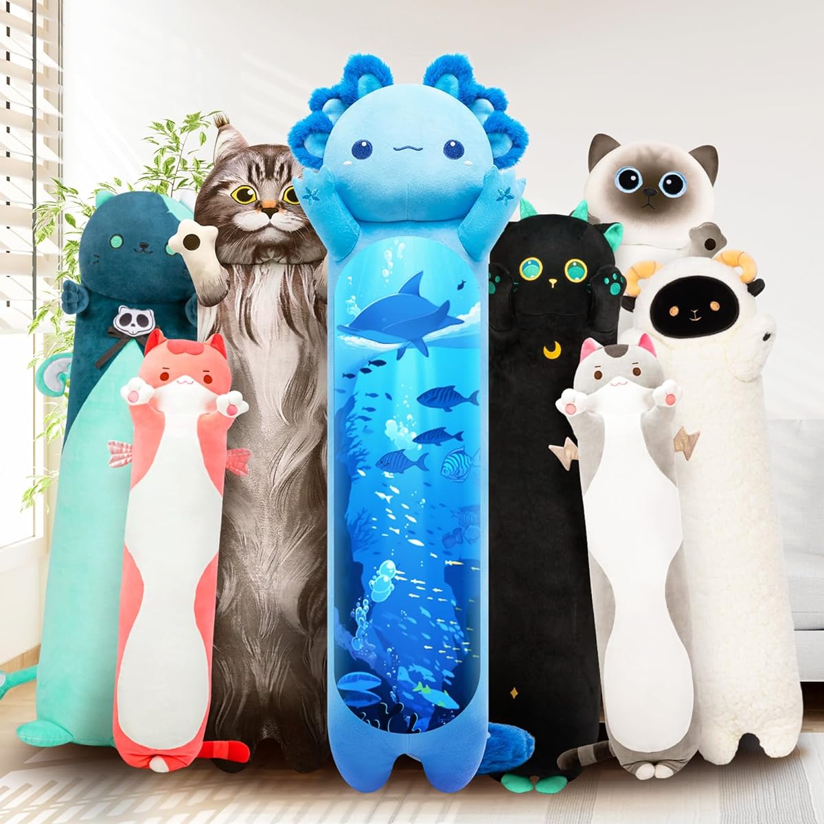 Caaaat Long Cat Plush Toy Cute Blue Axolotl Stuffed Toy Soft Stuffed Kitten Cute Kids Plush Toy Sleeping Throw Pillow Doll Stuffed Toy for Girls (20 Inch)