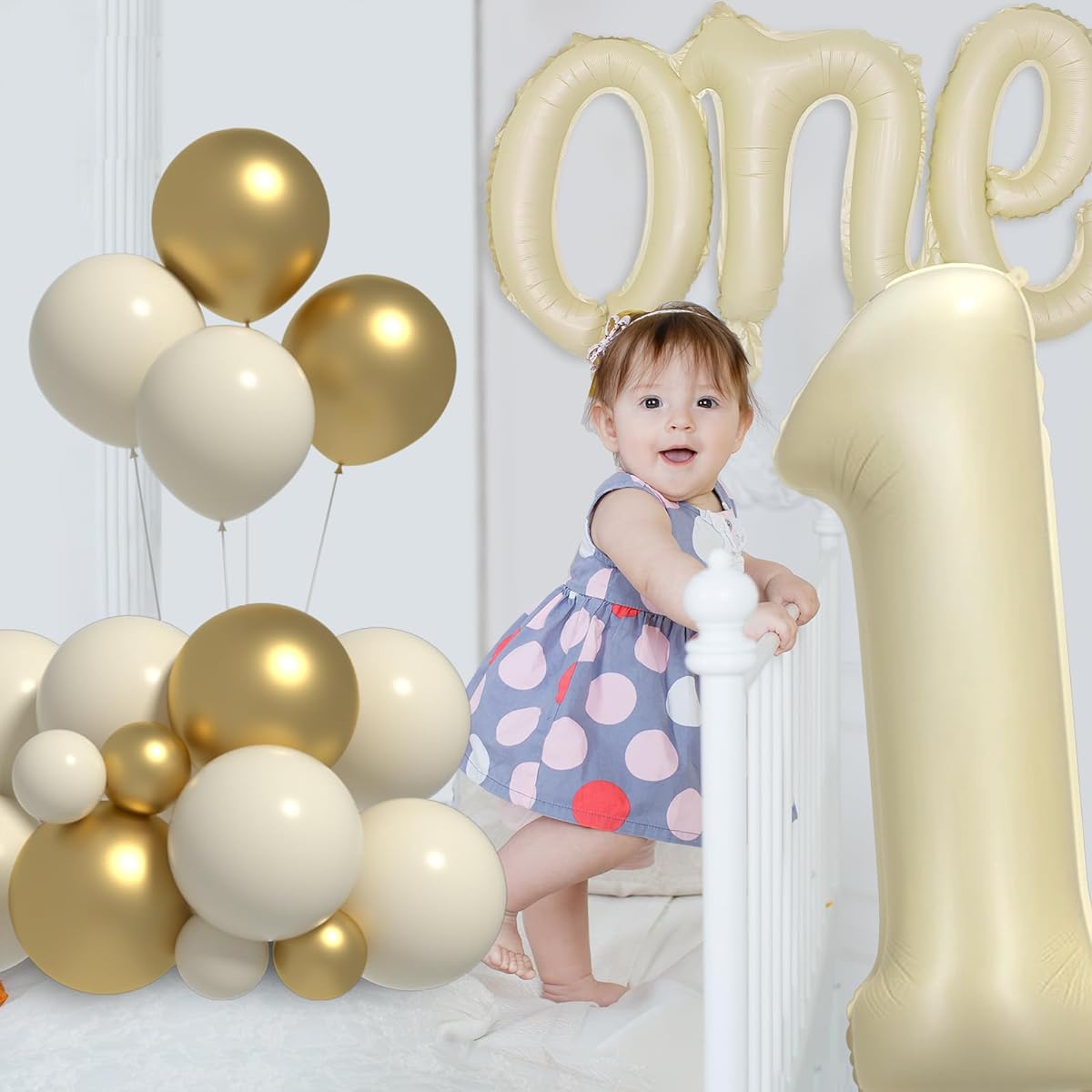 Boy or Girl 1st Birthday Decorations Kit - 40" Cream Number 1 and 18" Foil Balloon Set, White Sand, Metallic Gold Balloons, Different Sizes 5 12" Kids First Birthday Party