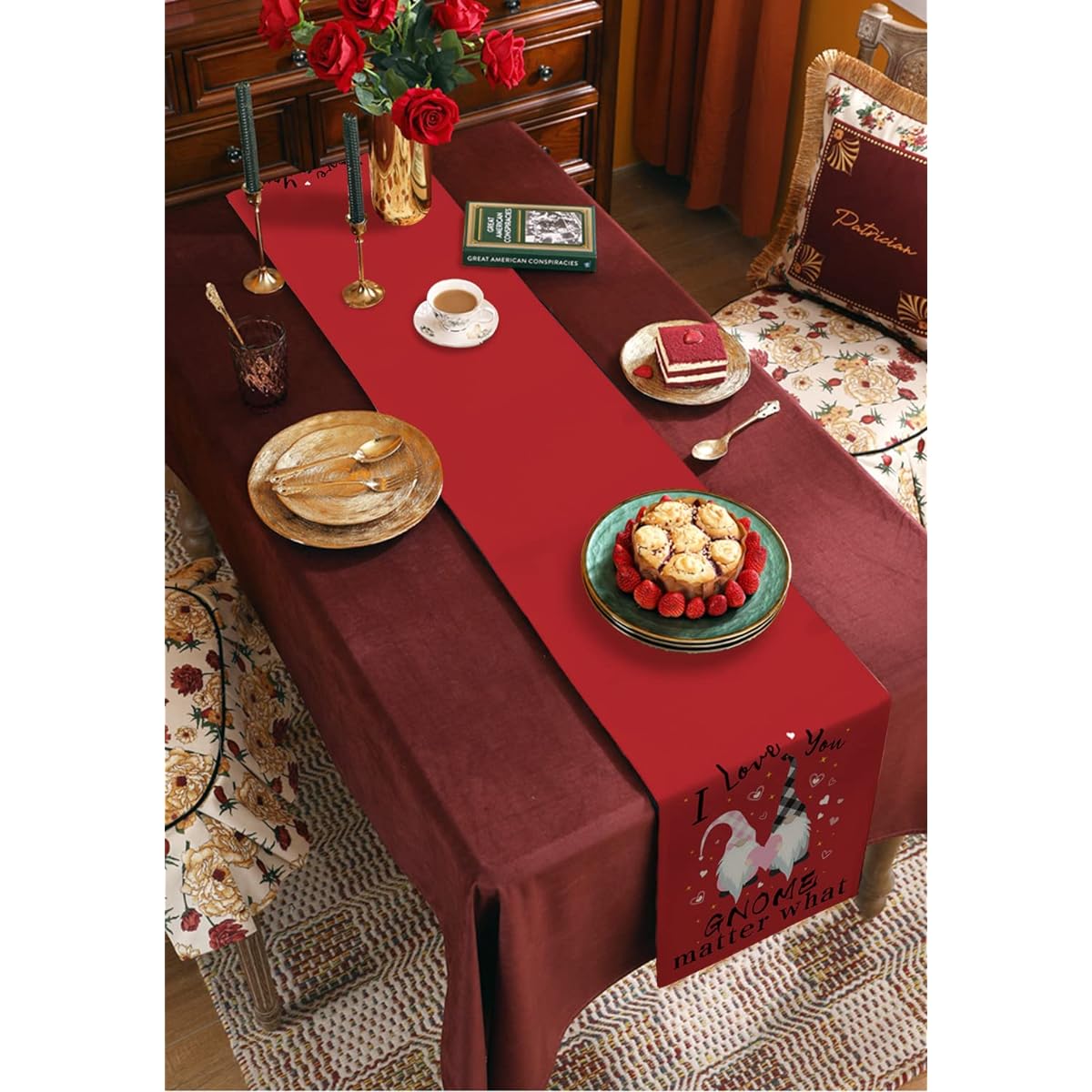 Valentine Table Runner I Love You Gnome Cotton Linen Dresser Scarf Heart Pink Black Buffalo Plaid Check Red Anti-Slip Runner Kitchen Tablecloth Holiday Dinner Party Wedding Home Decor