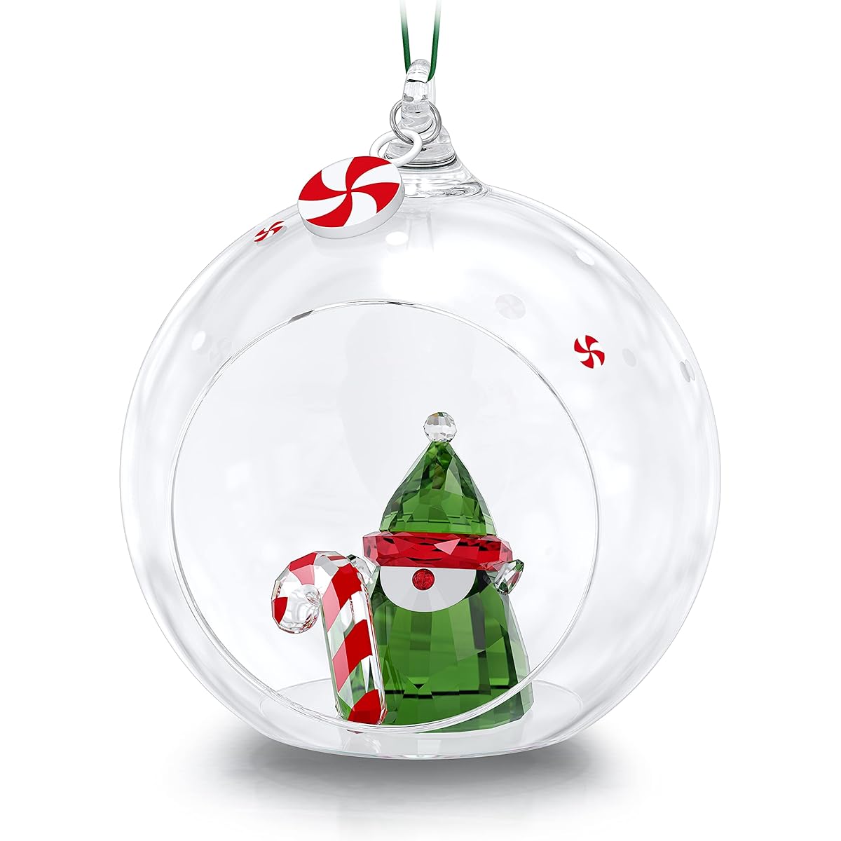 Swarovski Holiday Cheers Santa's Elf Ball Ornament with Multicolored Swarovski Crystals on Green Satin Ribbon Part of the Swarovski Holiday Cheers Collection