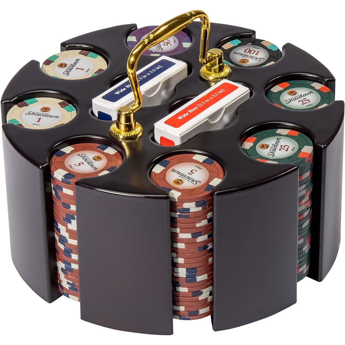 Showdown Poker Chip Set 200 Pieces Thick (13.5g) Clay Composite Chips with Wooden Carousel Professional Casino Supplies Kit Holder Storage Container