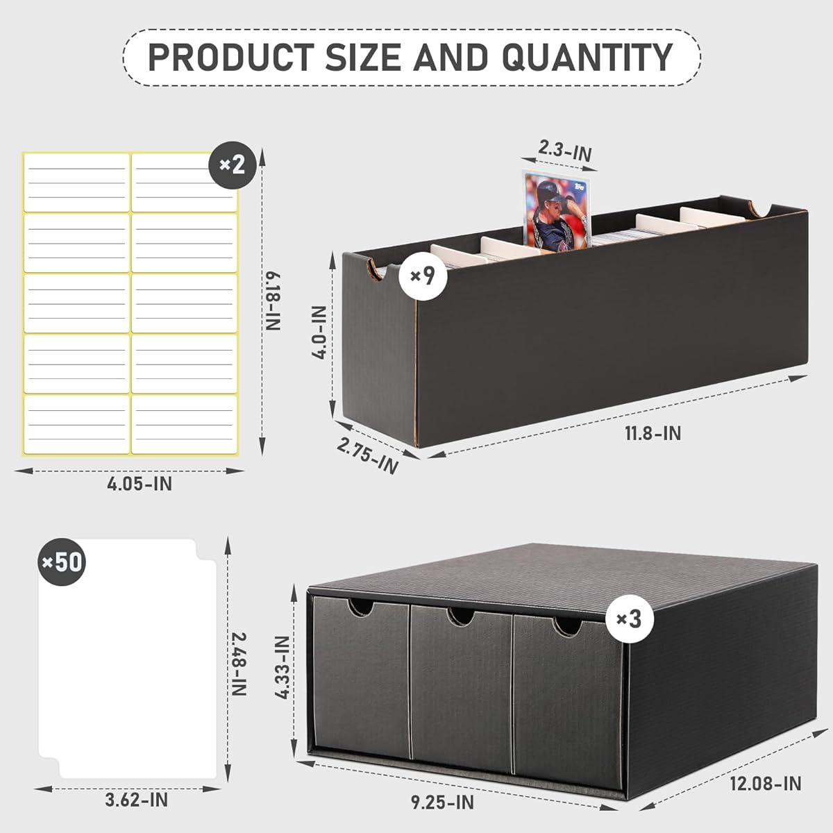 Homthy Trading 9 Pack Cardboard Storage Boxes with 50 Card Dividers, Card Storage Organizers with Labels for YuGiOh/MTG/Sports Cards