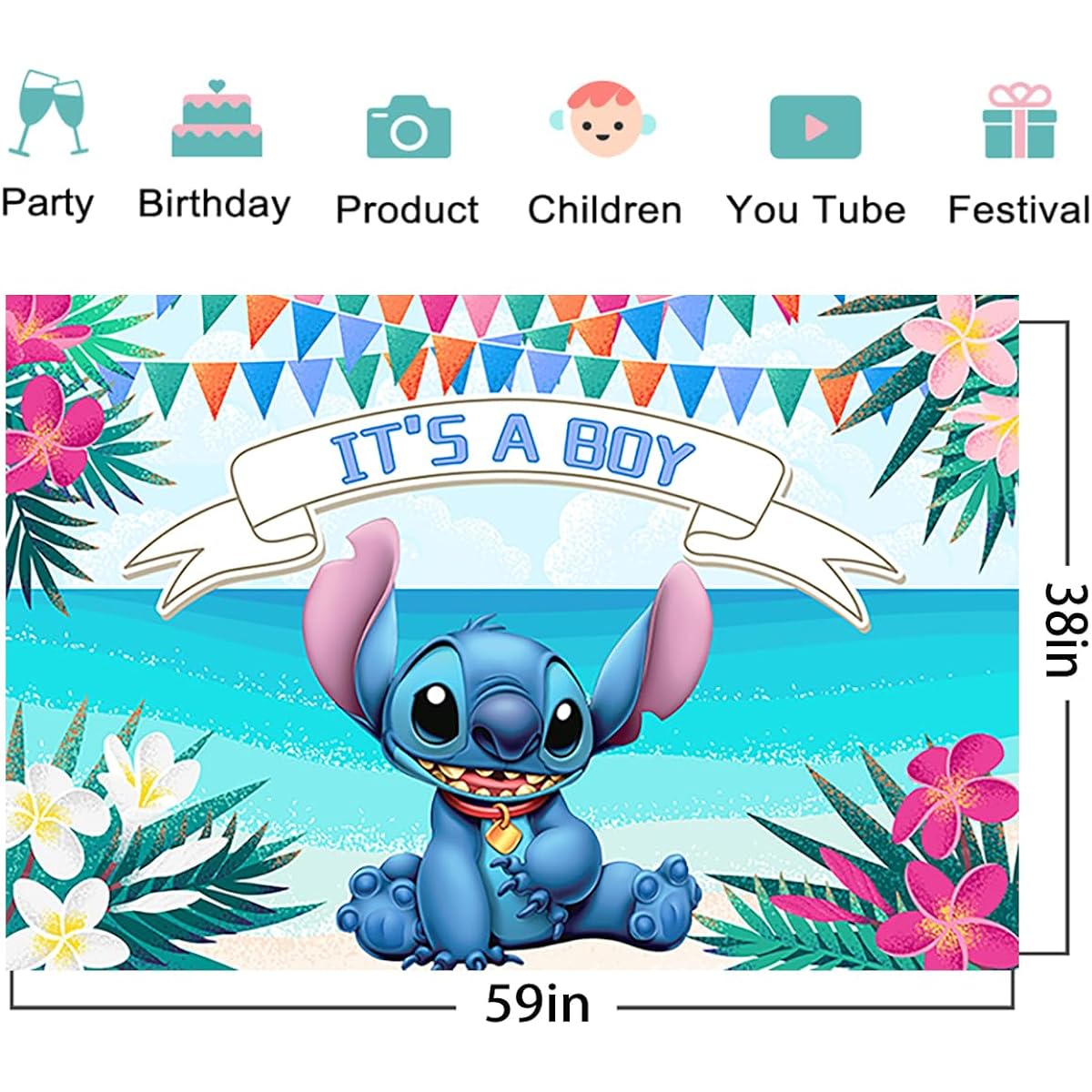 Summer Hawaiian Aloha Background Fabric for Stitching Gender Reveal Party Supplies Stitching Banner for Party Decorations It's a Boy Baby Shower Photo Backdrop 59x38 Inch