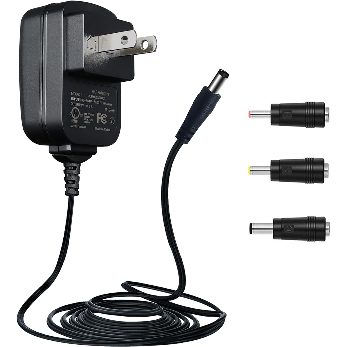 UL certified 6Vdc 2A power adapter Compatible with 1.5A 1A 0.5A devices 100-240V 50/60Hz AC to DC 12W power cord for blood pressure monitor/stationary bike/humidifier/scanner, etc.
