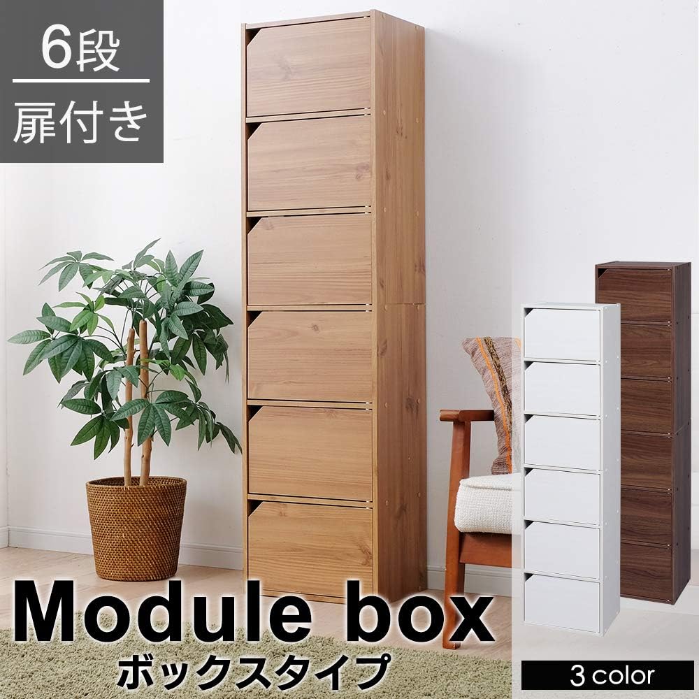Iris Ohyama Color Box Storage Box Bookshelf 6 Tiers with Door Width 36.6 x Depth 29 x Height 144.6 cm Natural Module Box MDB-6D