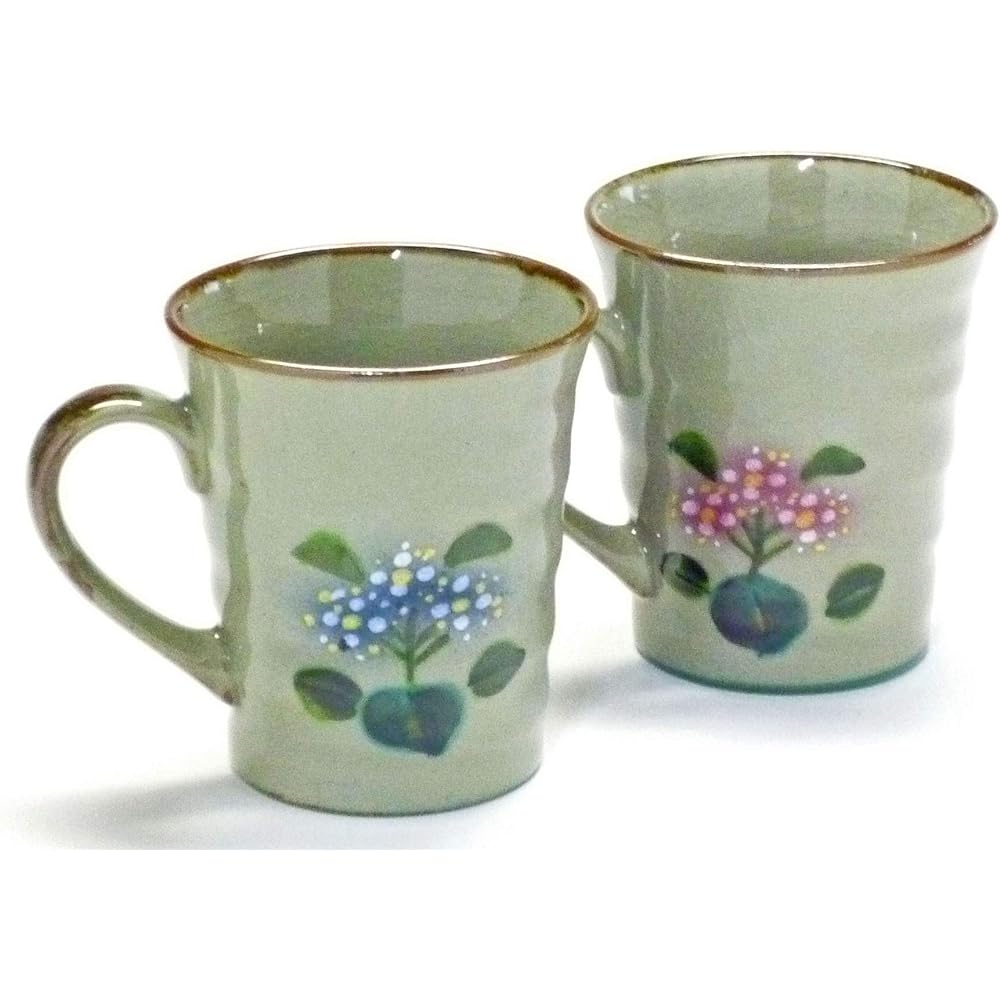 Kutani Ware [Pair Mug] Calyx Hydrangea Pink & Pink Blue Back Illustration