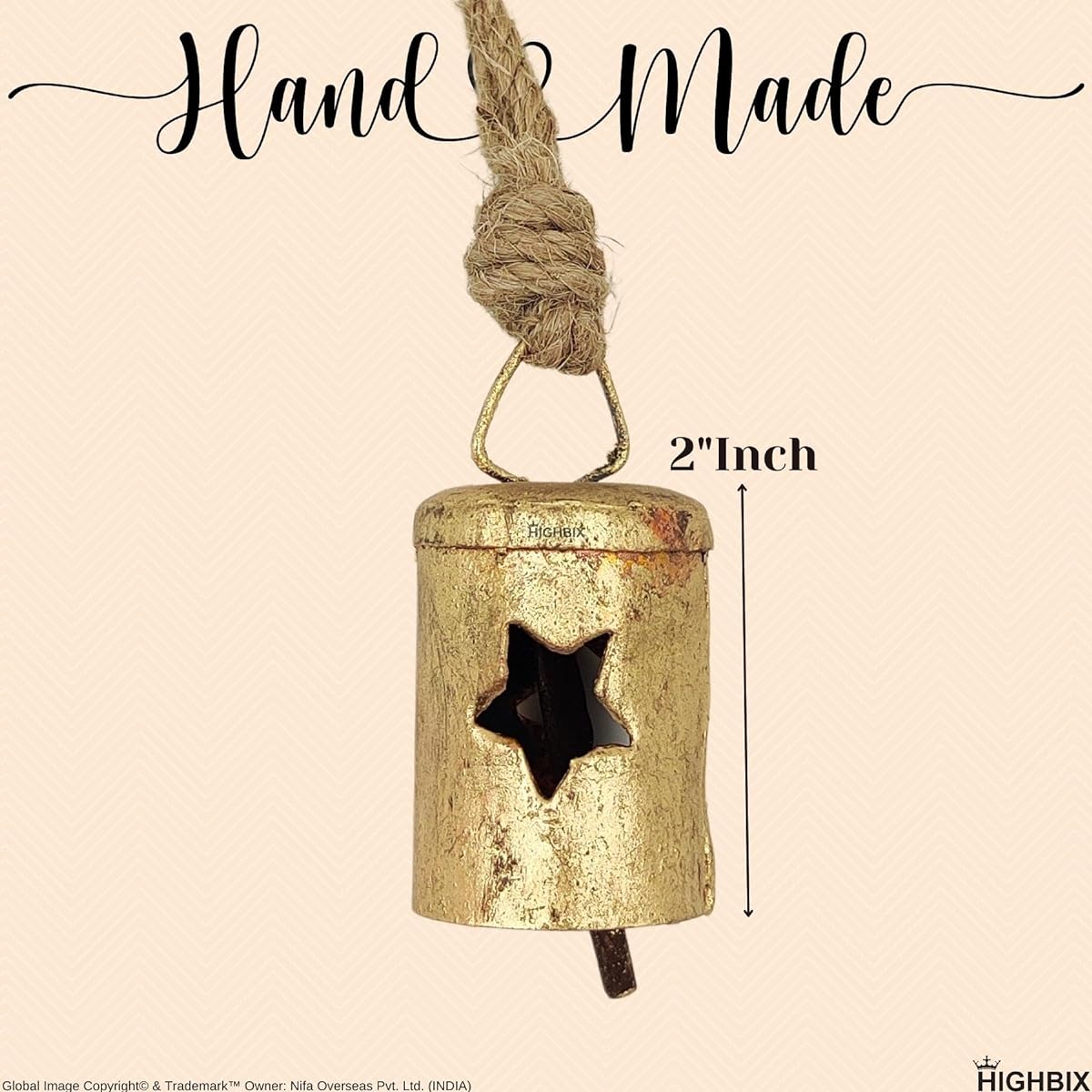 HIGHBIX Rusty Harmony Metal Bells 10pcs Vintage Handmade Rustic Lucky Christmas Hanging 2" Bells on Rope (Star Cylinder)
