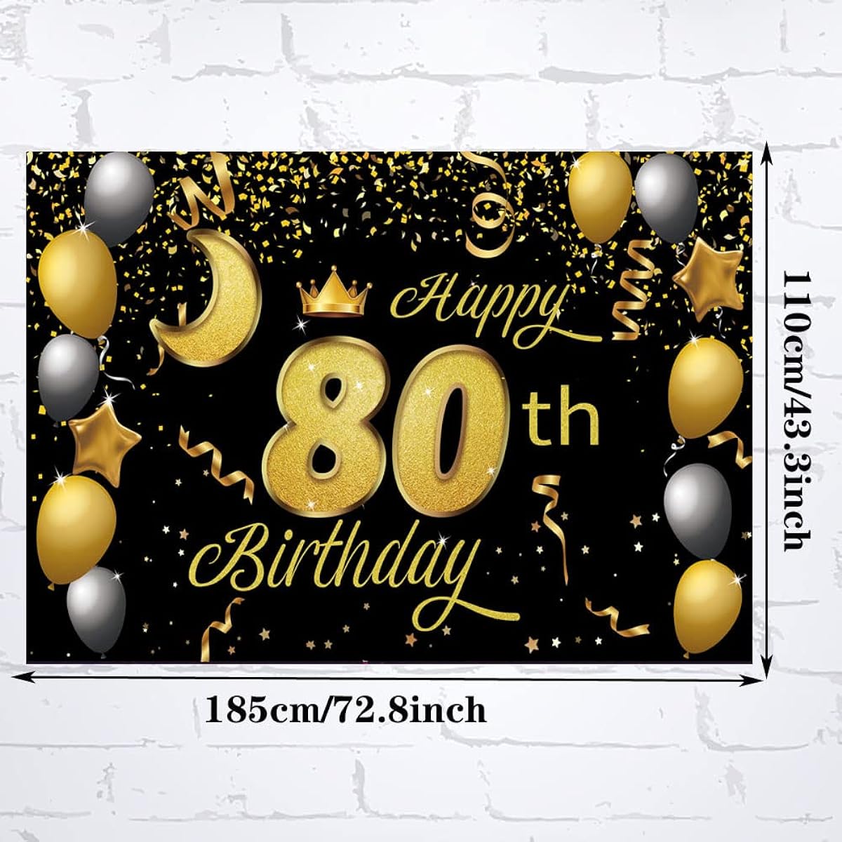 Sweet Happy 80th Birthday Backdrop Banner Poster 80th Birthday Party Decorations 80th Birthday Party Supplies 80th Photo Backdrop for Girls Boys Women Men - Black Gold 72.8 x 43.3 inches