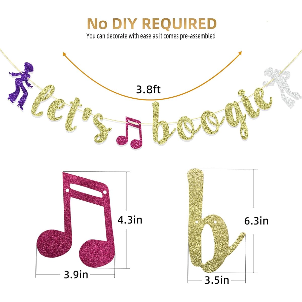 Let's Boogie Banner Disco Theme Birthday Party Decorations Boogie Dancer Party 70's 80's Theme Party Supplies (Gold Glitter)