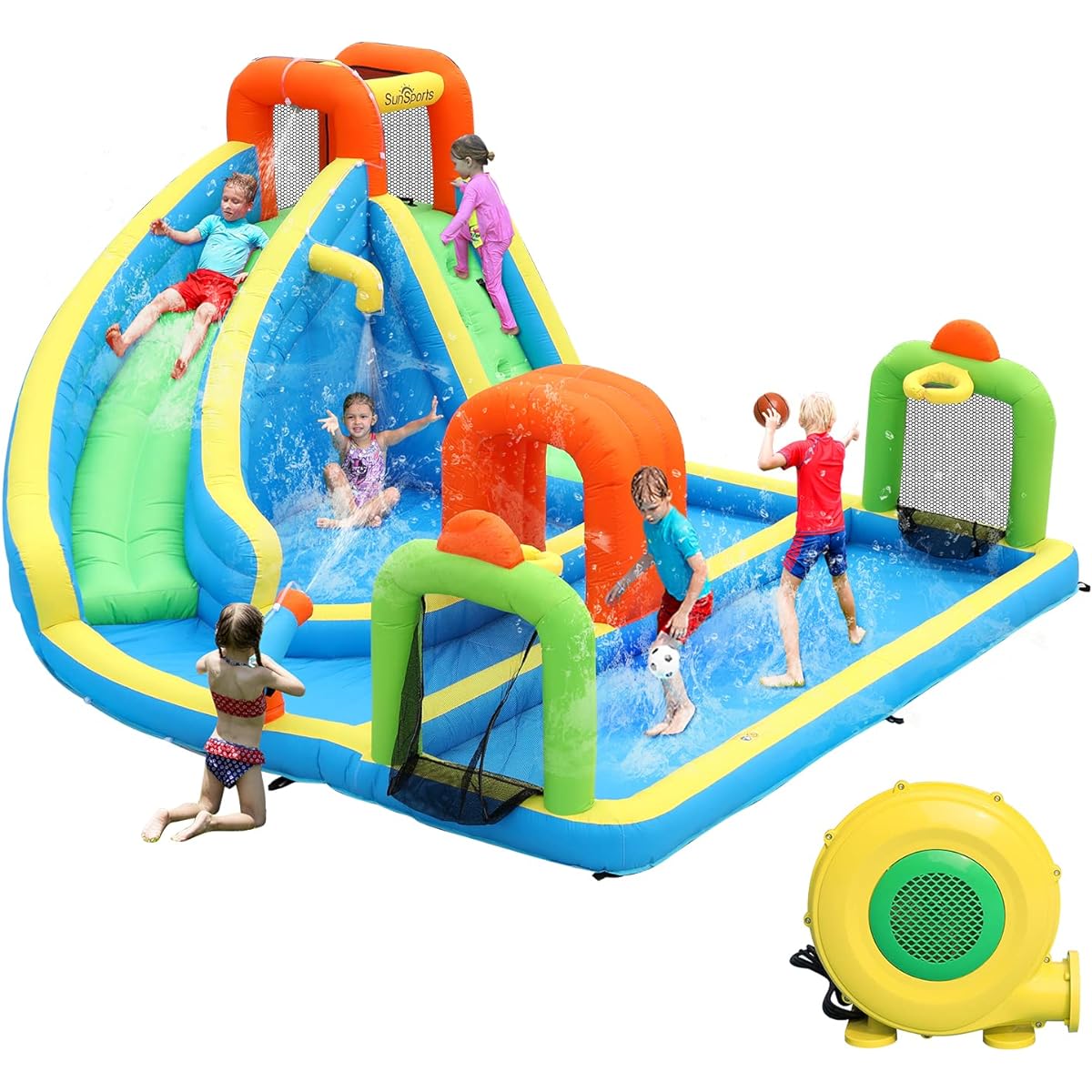 SunSports Inflatable Water Slide Park, Water Bounce House with Slide, Inflatable Water Slide for Kids, Bouncy Castle for Kids, Inflatable Water Park for Outdoor, Backyard for Kids with Tunnel