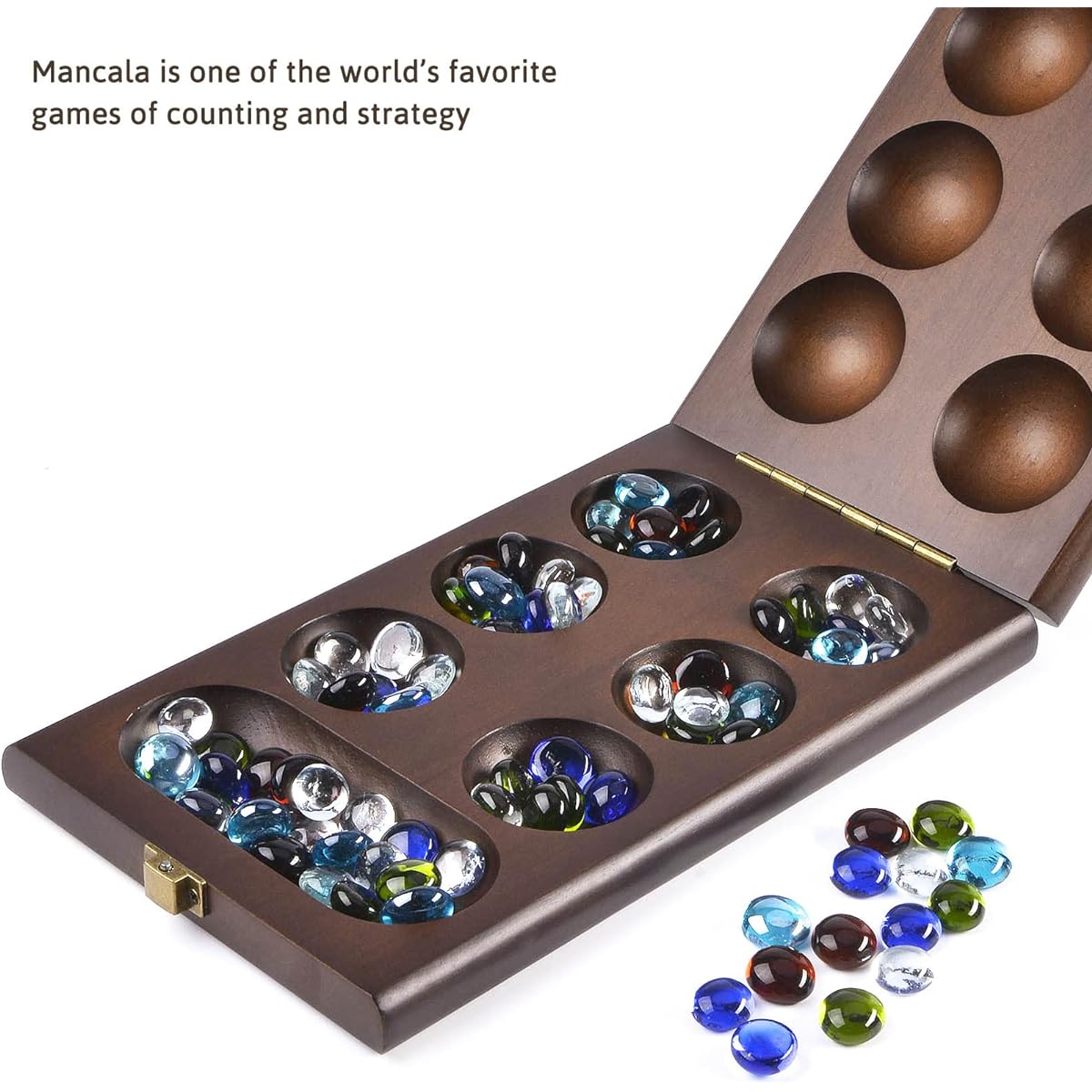AMEROUS Wooden Mancala Board Game Set with 72+8 Bonus Multi-Colored Glass Stones - Folding Board - Mancala Instructions - Classic Family Board Game for Kids and Adults Tabletop Version