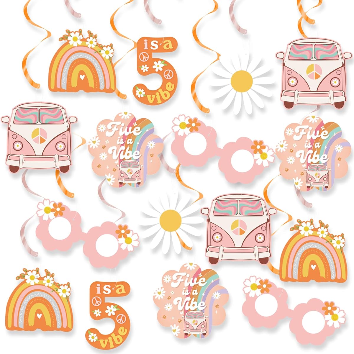 K KUMEED Groovy 5th Birthday Party Decorations, Five is A Vibe Hanging Swirl Decorations Hippie Rainbow Daisy Flowers for Girls Groovy 5th Birthday Party