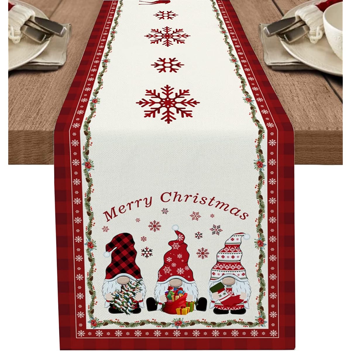 Christmas Gnome Plaid Burlap Table Runner, 120" Long Cotton Linen Table Runner Tablecloth Christmas Table Decorations for Wedding/Holiday/Party/Dining Room Merry Christmas Table Setting Decor