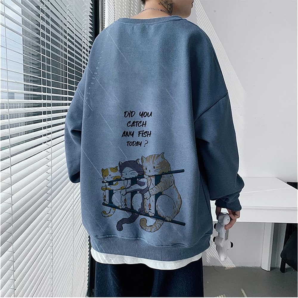 [ARIGADOU] Men's Sweatshirt, Fleece-lined Parka, Long Sleeve, Back Cat Print, Oversized, Thick, Cold Protection, Warm, Loose, Stylish, Autumn/Winter Clothes