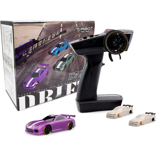 FLYCOLOR Turbo Racing C61 1:76 Scale Drift RC Car Gyro Mini Full Proportional RTR 2.4GHZ Remote Control with 2 Interchangeable Body Shells (Purple)