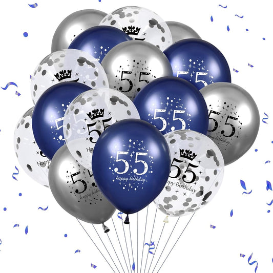 55th Birthday Balloon Decorations, 15pcs Navy Blue Silver 55th Happy Birthday Balloons for Men Women 55th Anniversary Latex Inflatable Confetti 55th Birthday Party Decorations for Indoor Outdoor Yard Supplies