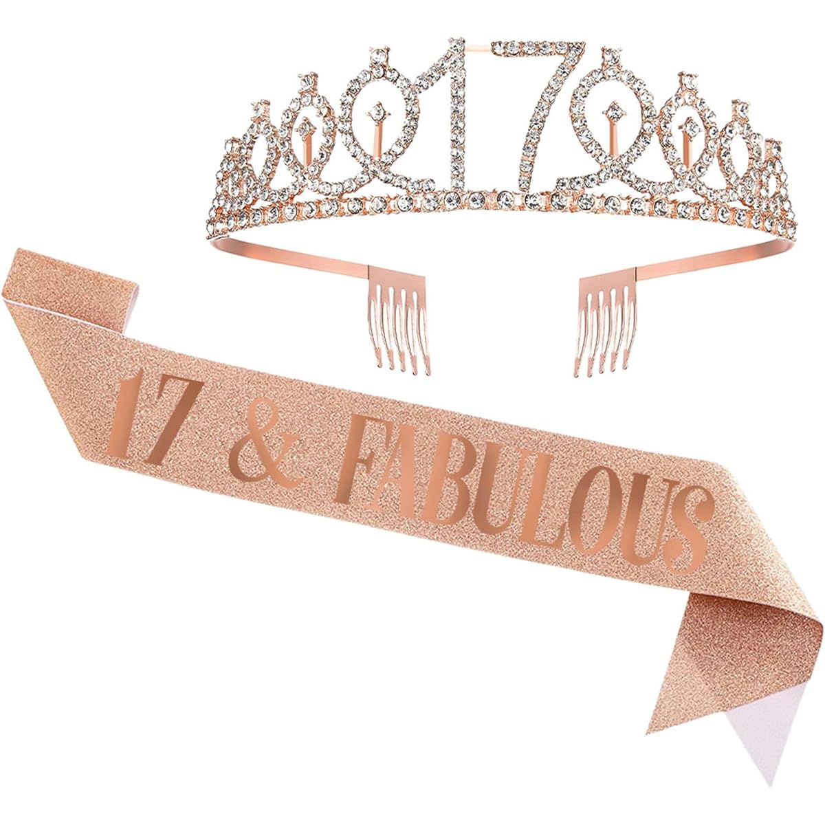 UVATAHONA 17th Birthday Sash and Tiara for Girls, 17 Years Old, Fabulous Sash and Tiara Birthday Crown, 17th Birthday Gifts, Birthday Favors for Girls and Kids, Supplies and Decorations, Rose Gold