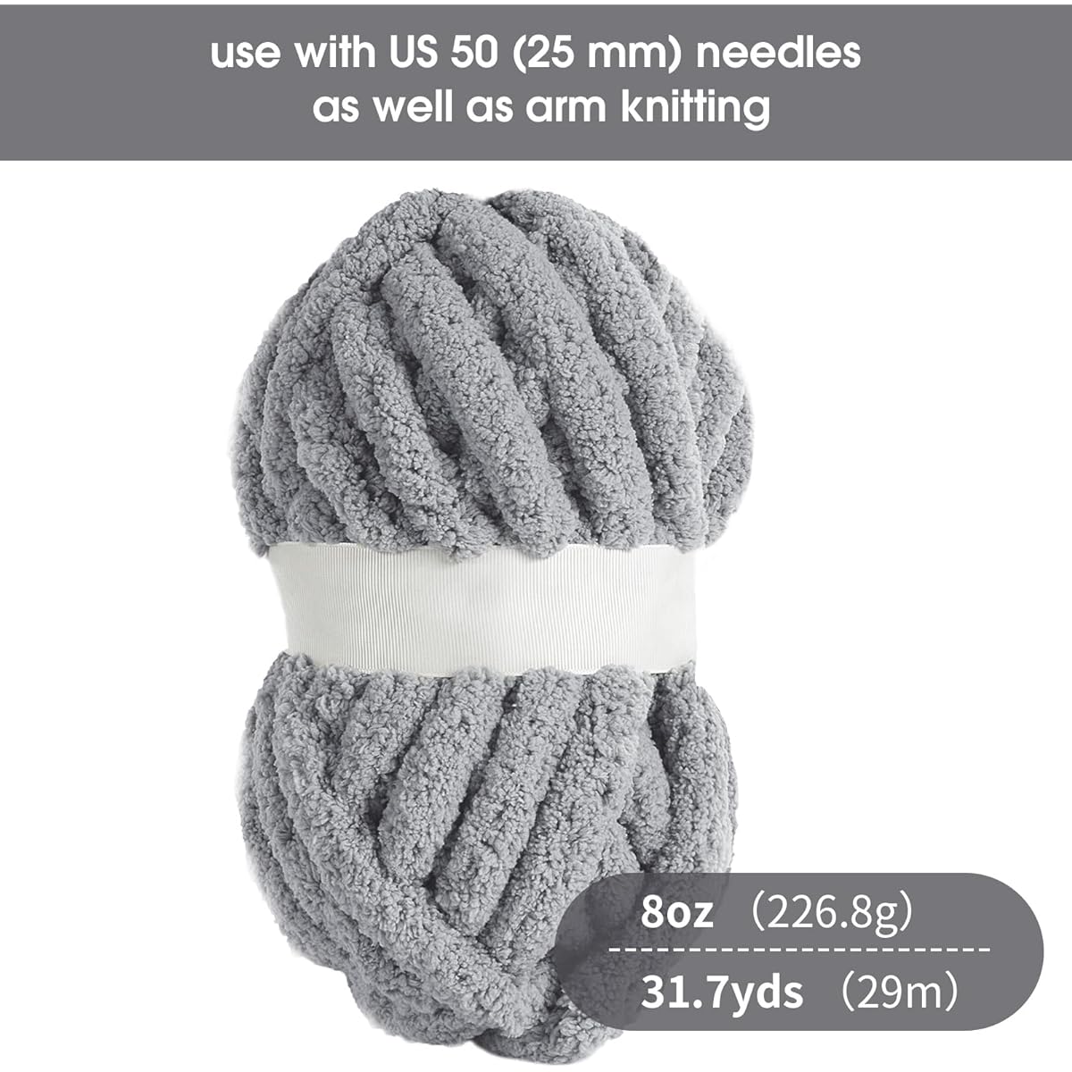 HOMBYS Gray Chunky Chenille Yarn for Hand Knitting, Fluffy Soft Jumbo Yarn with Circle Needle & Crochet Hook, For Thick Blanket, Big Thick Arm Knitting Yarn, Pack of 8