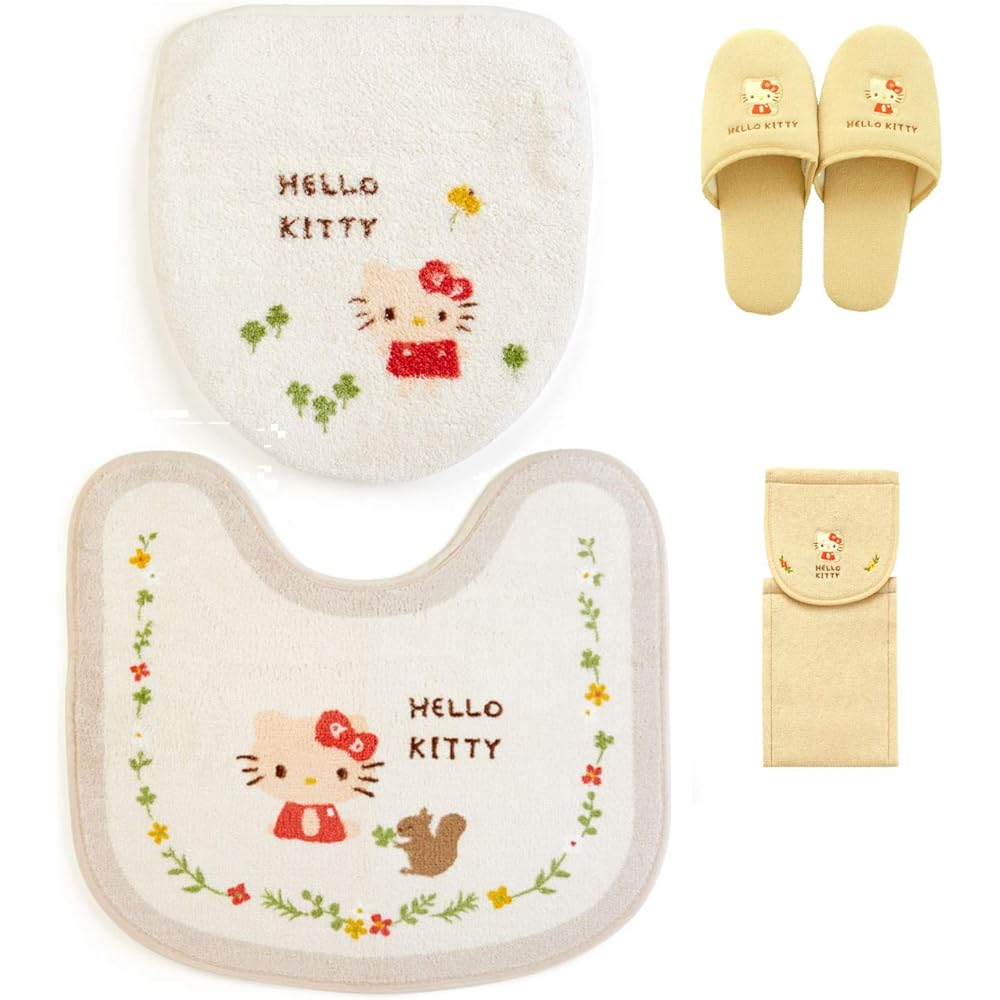 Hello Kitty Toilet Mat Set 4 Pieces Ivory Sanrio Lid Cover Slippers Paper Holder Cover Kitty Oka White Kitty Friend Toilet Mat 4 Piece Set