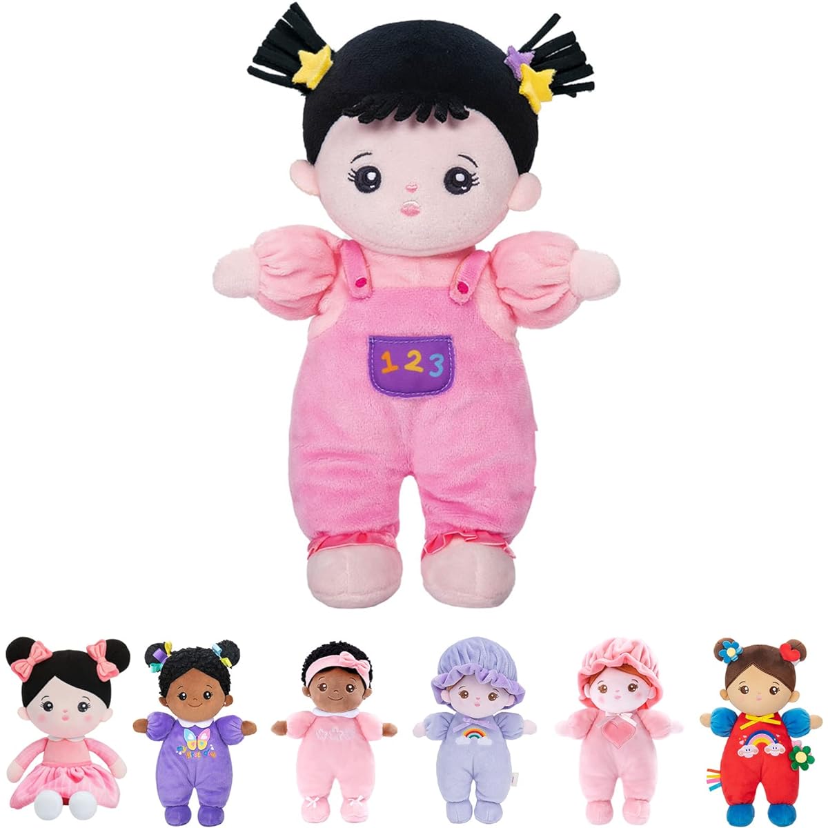 OUOZZZ 10 Inch Soft Baby Doll for Girls - First Baby Doll Plush Ragdoll Sleeping Cuddle Buddy Pink Strap Black Hair Asian Doll Toy for Kids