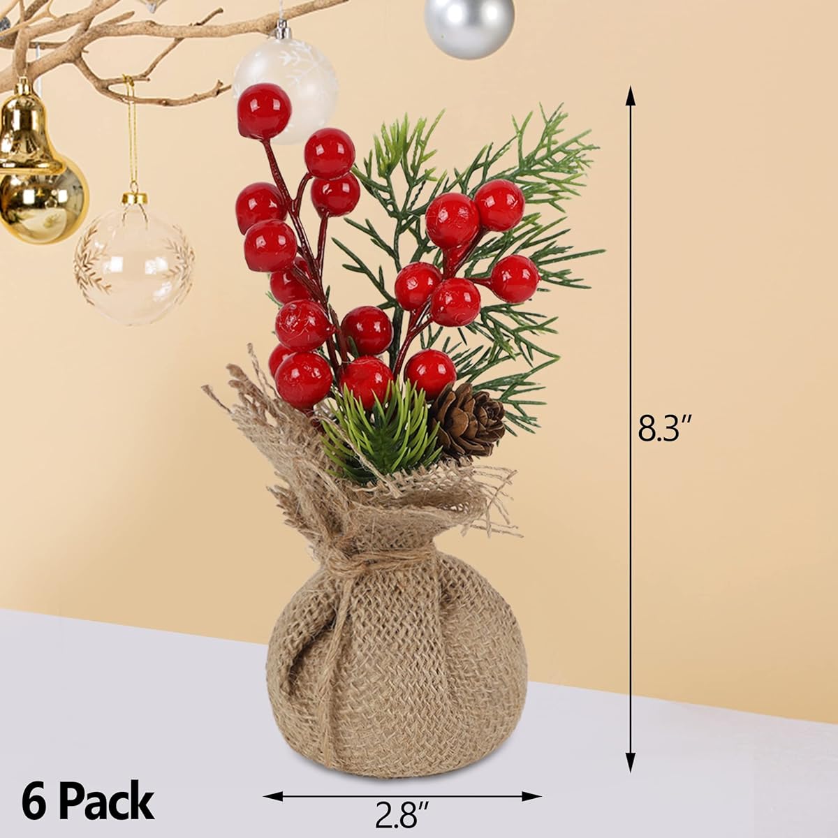 Winemana Mini Christmas Tree Table Decorations, 6pcs 8" Small Artificial Trees with Red Berries, Pine Cones, Greenery, Tabletop Centerpieces for Home Office Room Holiday Decorations