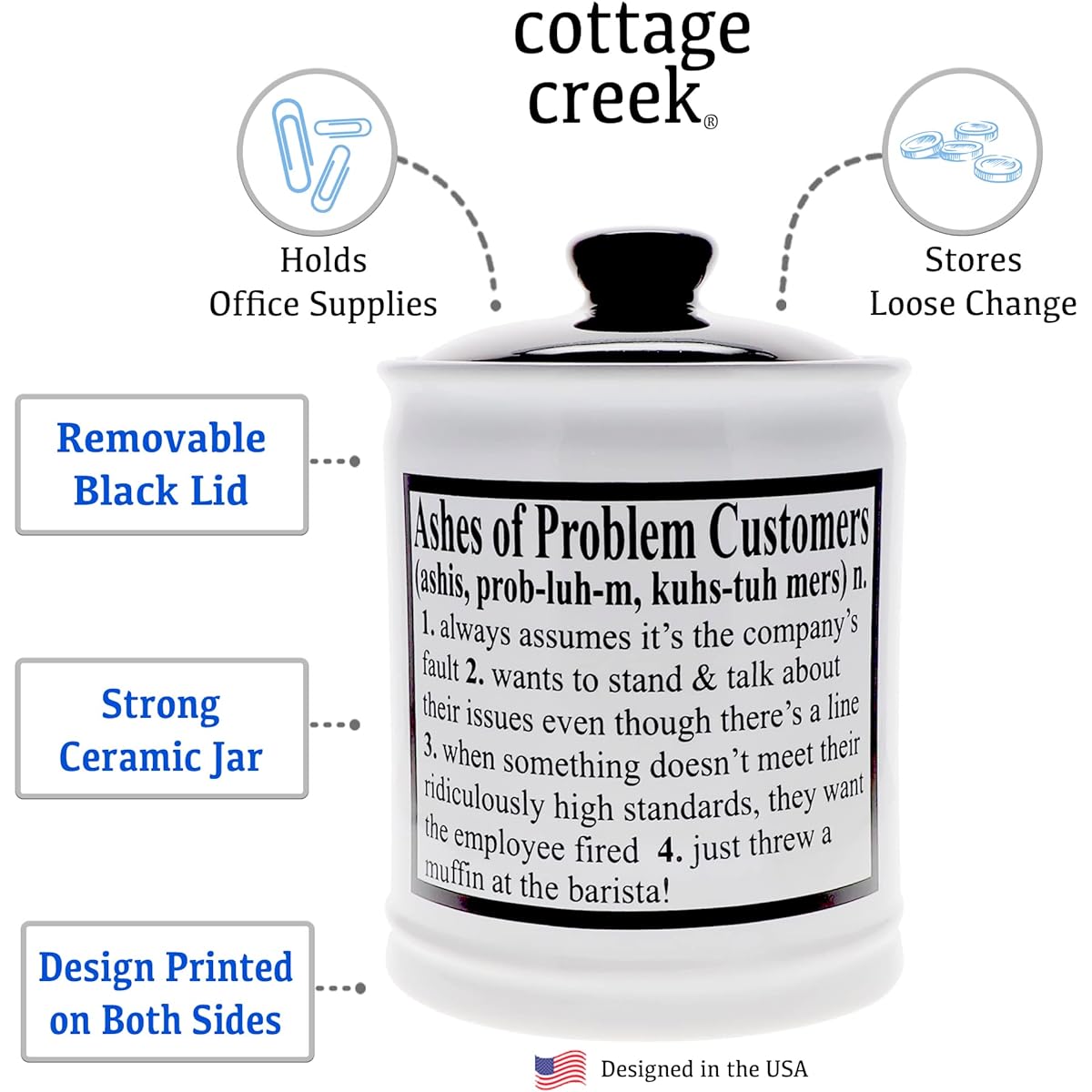 Cottage Creek Piggy Bank Problem Ashes Holder Round Ceramic Problem Definition Customer Definition Coin Bank with Black Lid Boss Gift Funny Piggy Bank for Adults [White]