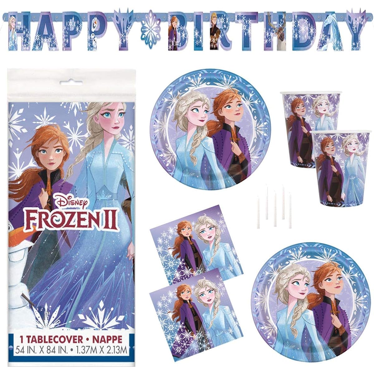 Unique Frozen 2 Party Supplies Set - Serves 16 Guests - Banner Decorations, Table Cover, Large Plates, Napkins, Cups, Candles