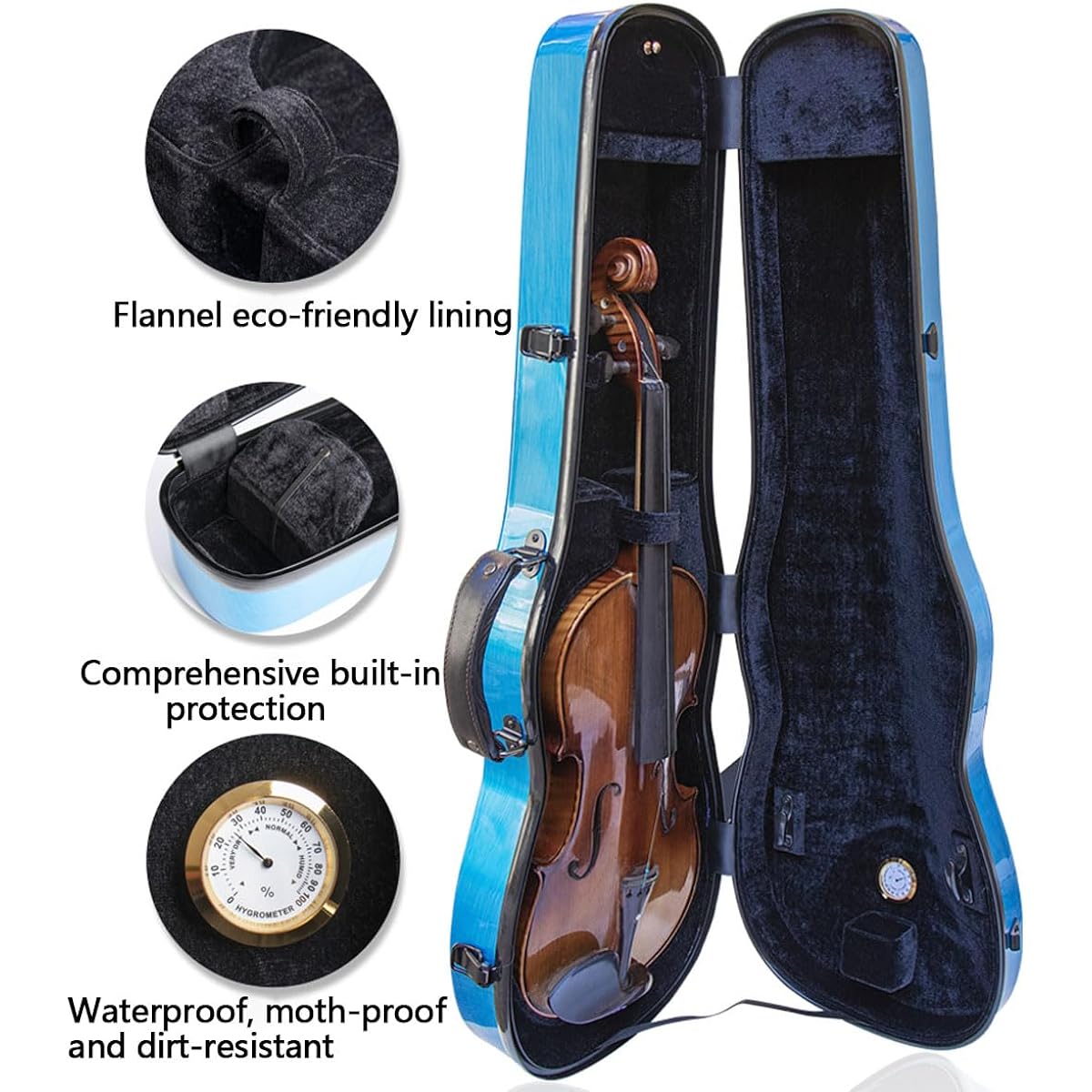Violin Case Full Size 4/4 Hard Case, Lightweight Carbon Fiber with Built-in Hygrometer and Shoulder Strap Multicolor, Black