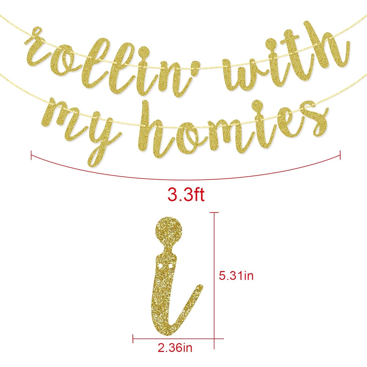 Rollin' With My Homies Banner Hip Hop Party Decorations Supplies Retro 80's 90's Theme Birthday Curtain Pre-Strung Gold Glitter