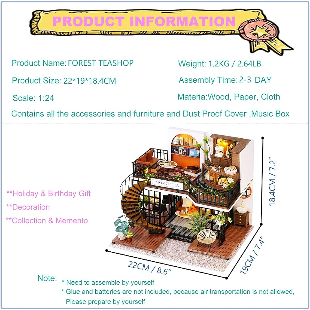 Roroom DIY Miniature Furniture Dollhouse Kit, Mini 3D Wooden Dollhouse Craft Model with Dustproof Cover and Musical Movement, Valentine's Day Birthday Gift (Forest TEASHOP)