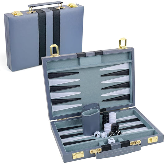 RERIVER Backgammon Set 2 Player Classic Backgammon Set Adult Board Game with Premium Leather Case Portable Travel Backgammon Set (Gray 11 Inch)