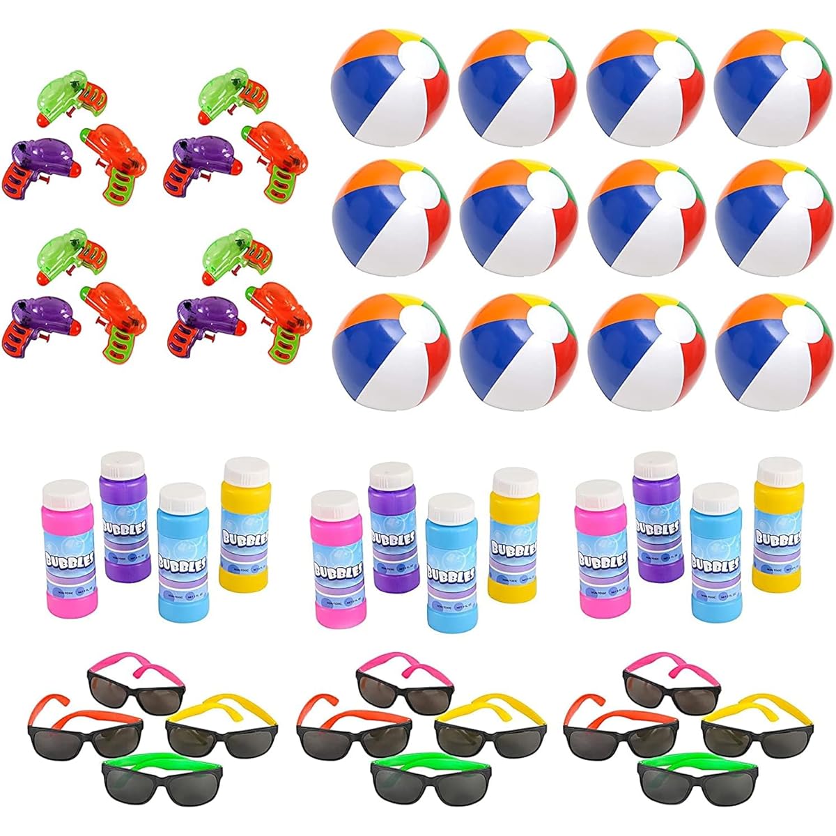 Mega Pool Party and Beach Party Favors - Summer Fun Toys Mega Assortment Bulk Pack of 48 Kids Toys Includes - Kids Sunglasses Party Favors, Inflatable Beach Ball, Water Gun Squirts and Bubbles