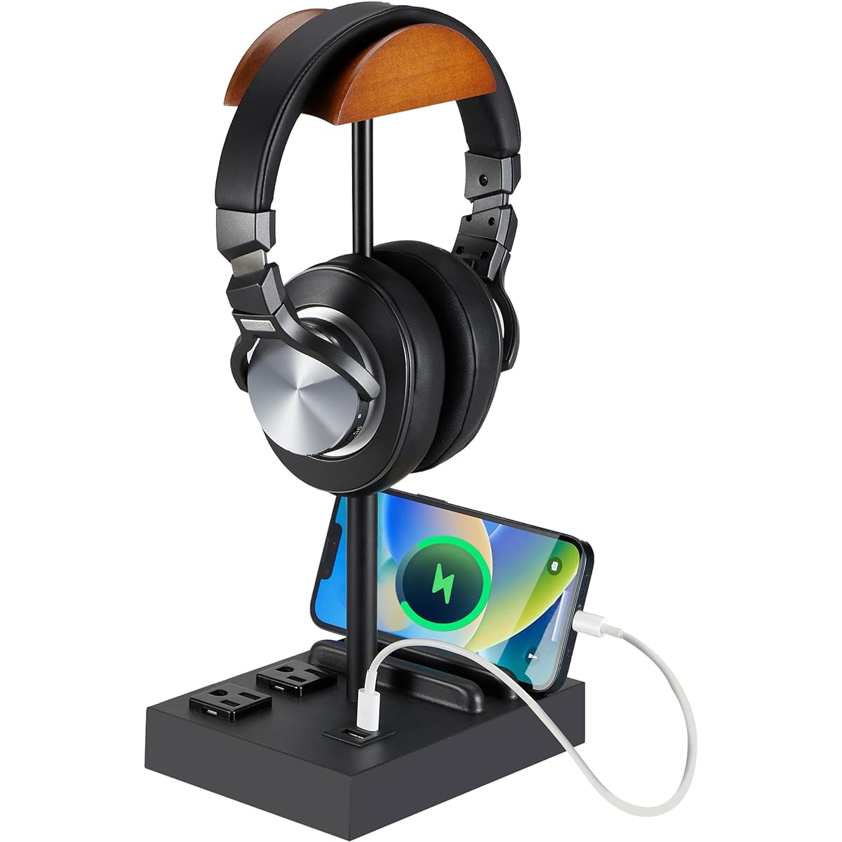 CASTLELIFE Headphone Stand, Desktop Gaming Headset Holder with 2 AC Outlets and USB C&A Port, Charging Station & Phone Stand, Wooden Earphone Table Gaming Accessories for Desktop Gamers, Black