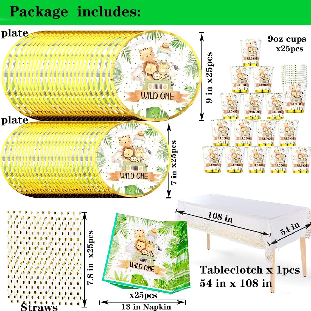 LEEHBY Jungle Safari Disposable Paper Plates Set Party Decorations Tableware Supplies - 126 Piece Forest Animal Tableware Set (25 Guests) for Birthday, Baby Shower, Wedding Party