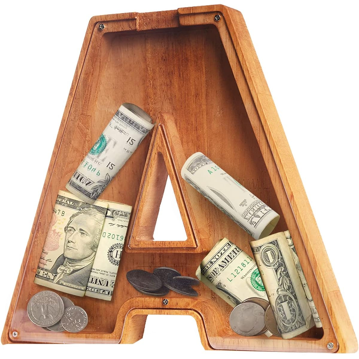 Wooden Letter Piggy Bank for Kids, ACOKI A-Z Alphabet Letter Coin Bank with Gift Packaging, Personalized Money Box for Kids, Large (A)