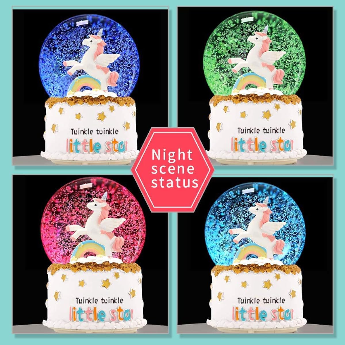 VECU Unicorn Snow Globe Snow Cartoon Rainbow Music Box Home Decorations for Girls Kids Granddaughter Baby Birthday Gift Musical Resin/Glass