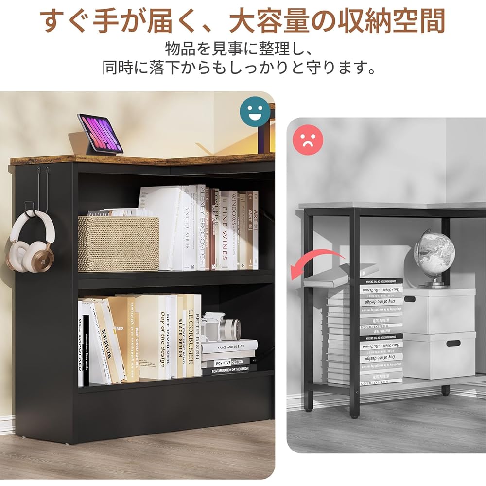 Bestier L-shaped desk, computer desk, width 107cm, study desk, study desk, compact storage, computer desk, storage bag included, LED light, corner desk, work desk, left and right interchangeable, stylish, wooden, vintage