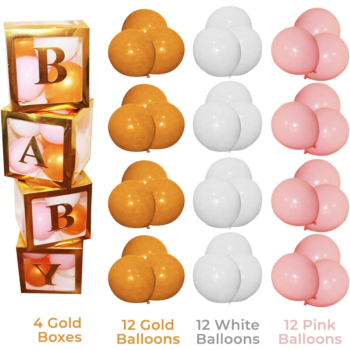 Fun Land 4pcs Gold Baby Boxes 30pcs White Pink Gold Free Balloons Baby Shower & Gender Reveal Decorations for Boy Girl Baby (4 Boxes/30 Balloons, Gold/Pink/White)