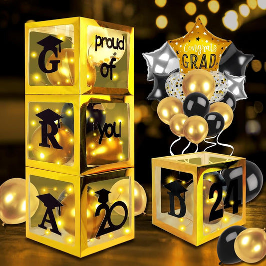 2023 Graduation Decoration Balloon Box Kit with 4 LED Light Strings & 35 Decorative Balloons & ``GRAD'' Lettering Perfect for Graduation Party Decorations (LED - Gold)