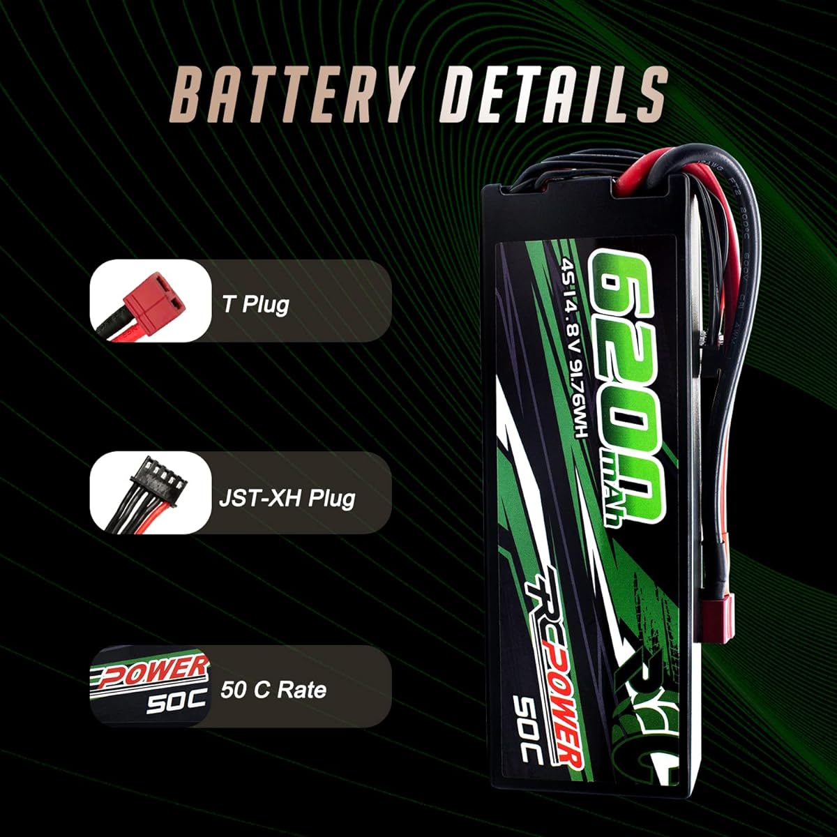 RCPOWER 14.8V 6200mAh 4S Lipo Battery 50C Hard Case Lipo Battery with T Plug for RC Vehicles RC Cars RC Trucks RC Boats (2 Pack)