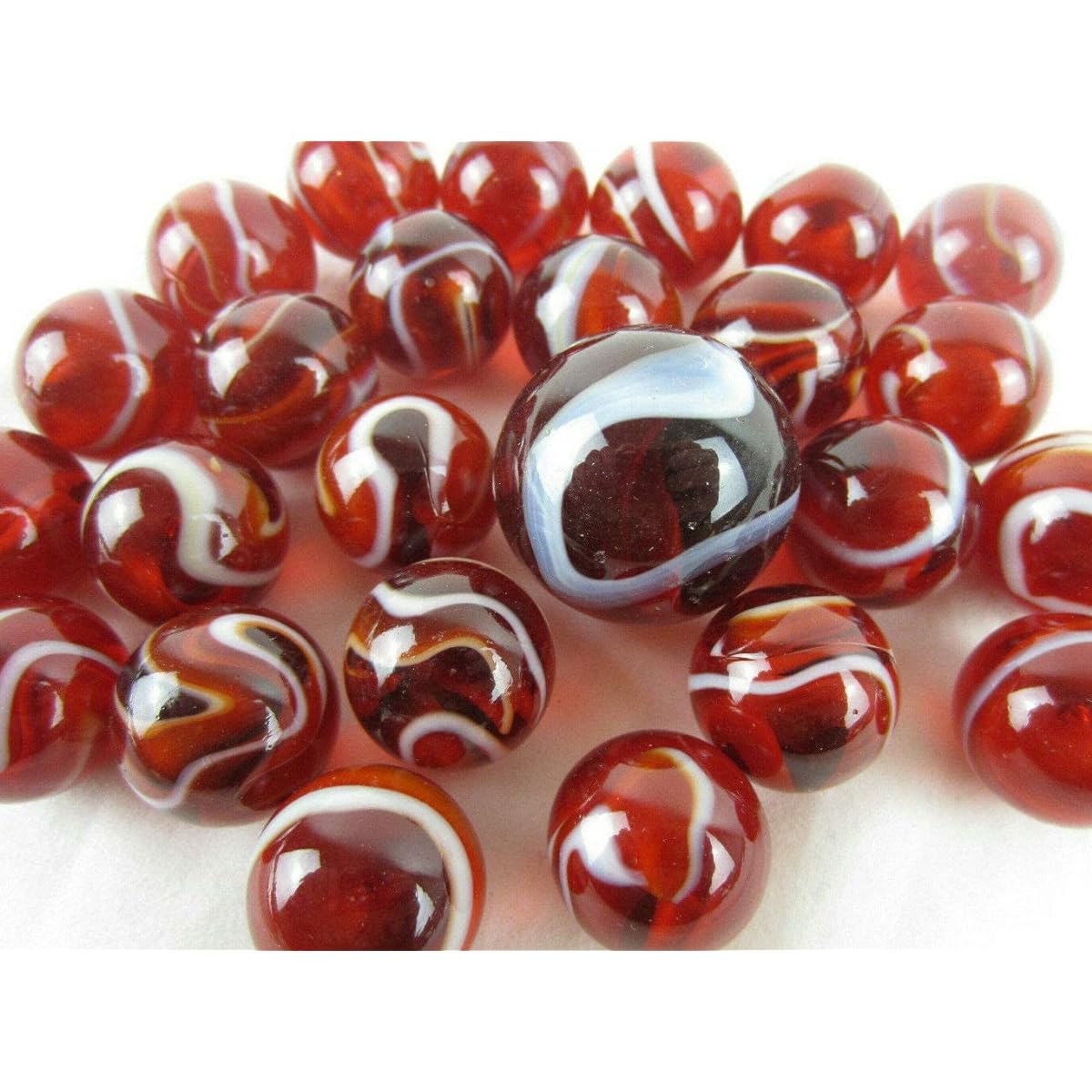 Big Game Toys~ Glass Marbles Ruby Moon Translucent Red/White Swirl Classic Style Game Pack (24 Players/1 Shooter) Decoration/Vase Filler/Aquarium 25 Pieces