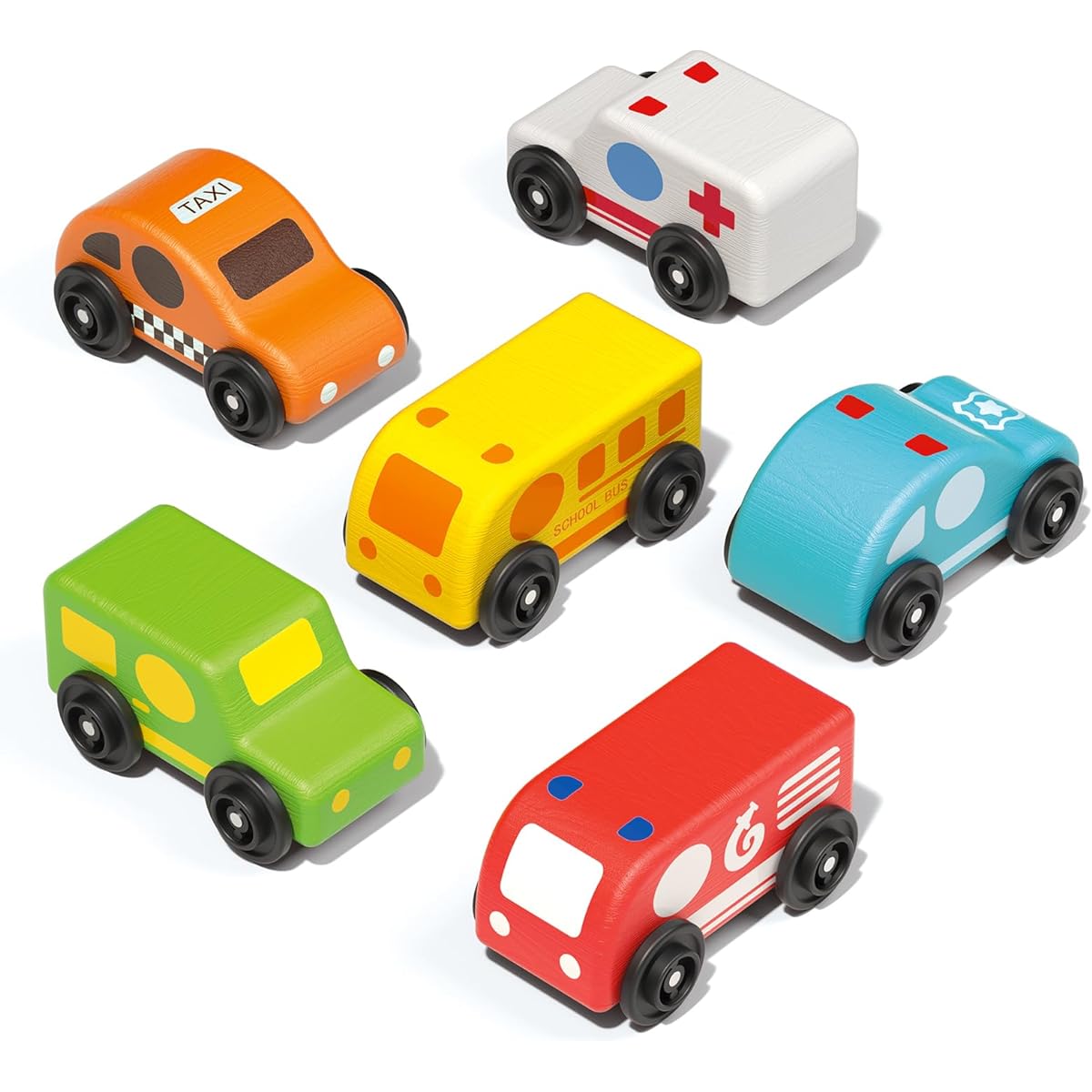 Wanborns Wooden Car Toy Set for Toddlers Push and Go First Play Trucks 18 Months 2 Years Old 6 Pieces Mini Vehicles - 2 Year Old 3 Year Old Toddlers Preschool Christmas Birthday Gift