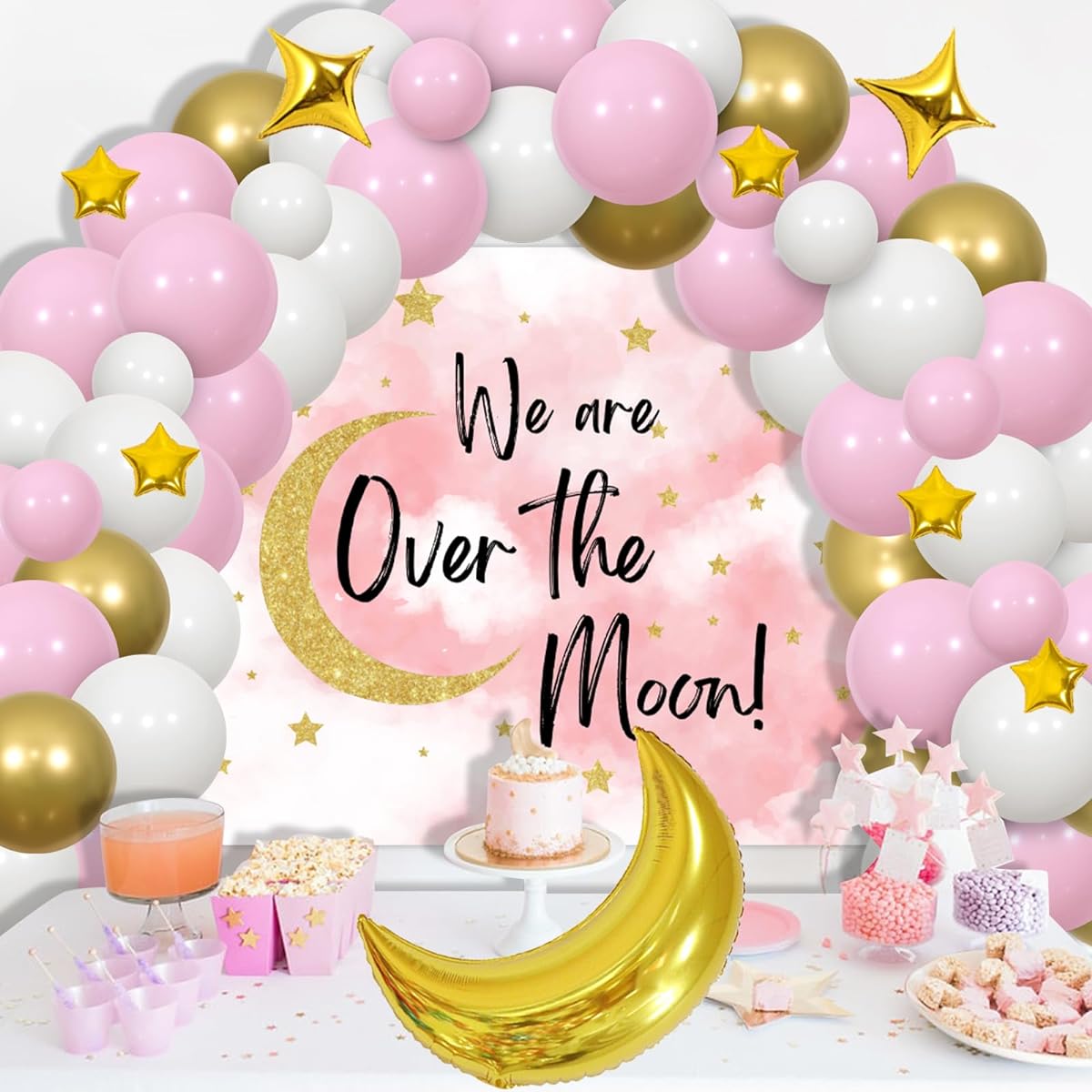 Over The Moon Baby Shower Decorations for Girls Pink White Gold Balloon Arch Kit We Are Over The Moon with Backdrop Gold Star Moon Foil Balloons Moon and Stars Baby Shower Space Theme Party